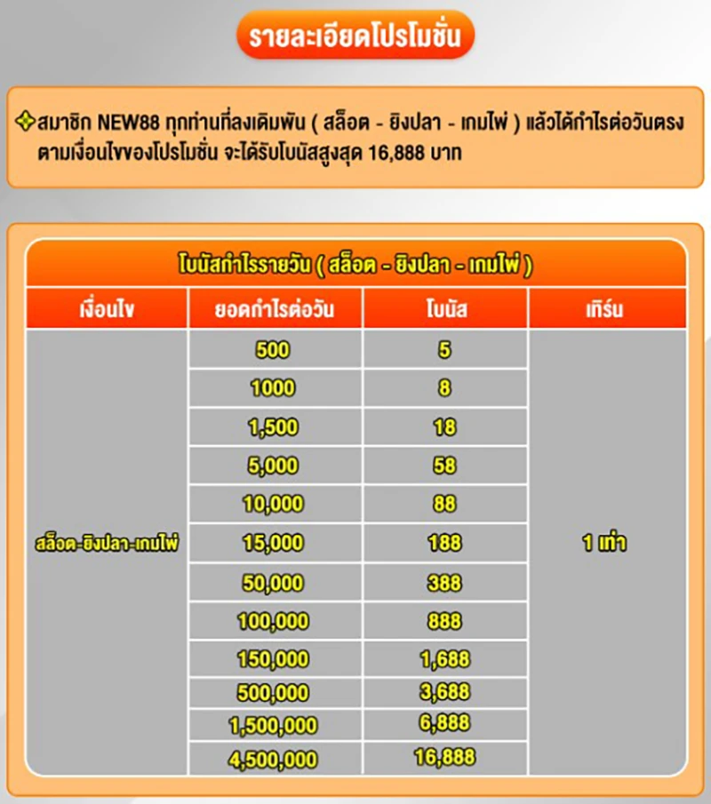 แนะนำโปรแกรมส่งเสริมผลกำไรรายวันของ NEW88